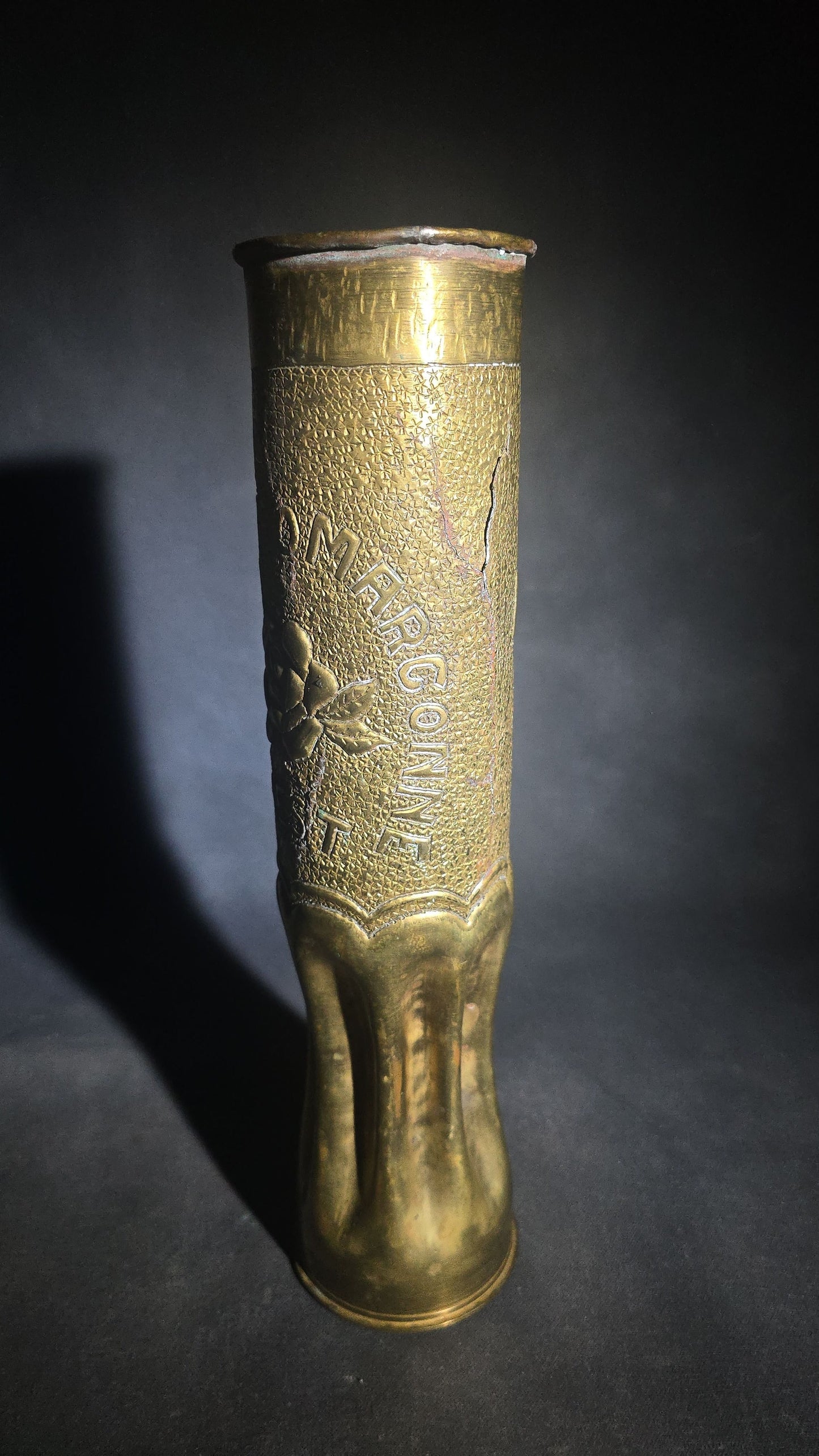 Antique WWI Trench Art Vase, French 75mm Brass Shell Casing Dated 1916, "Souvenir from Argonne Forest" with Y.M.C.A. Triangle Insignia, Roses, and Oak Leaves, Note Cracks