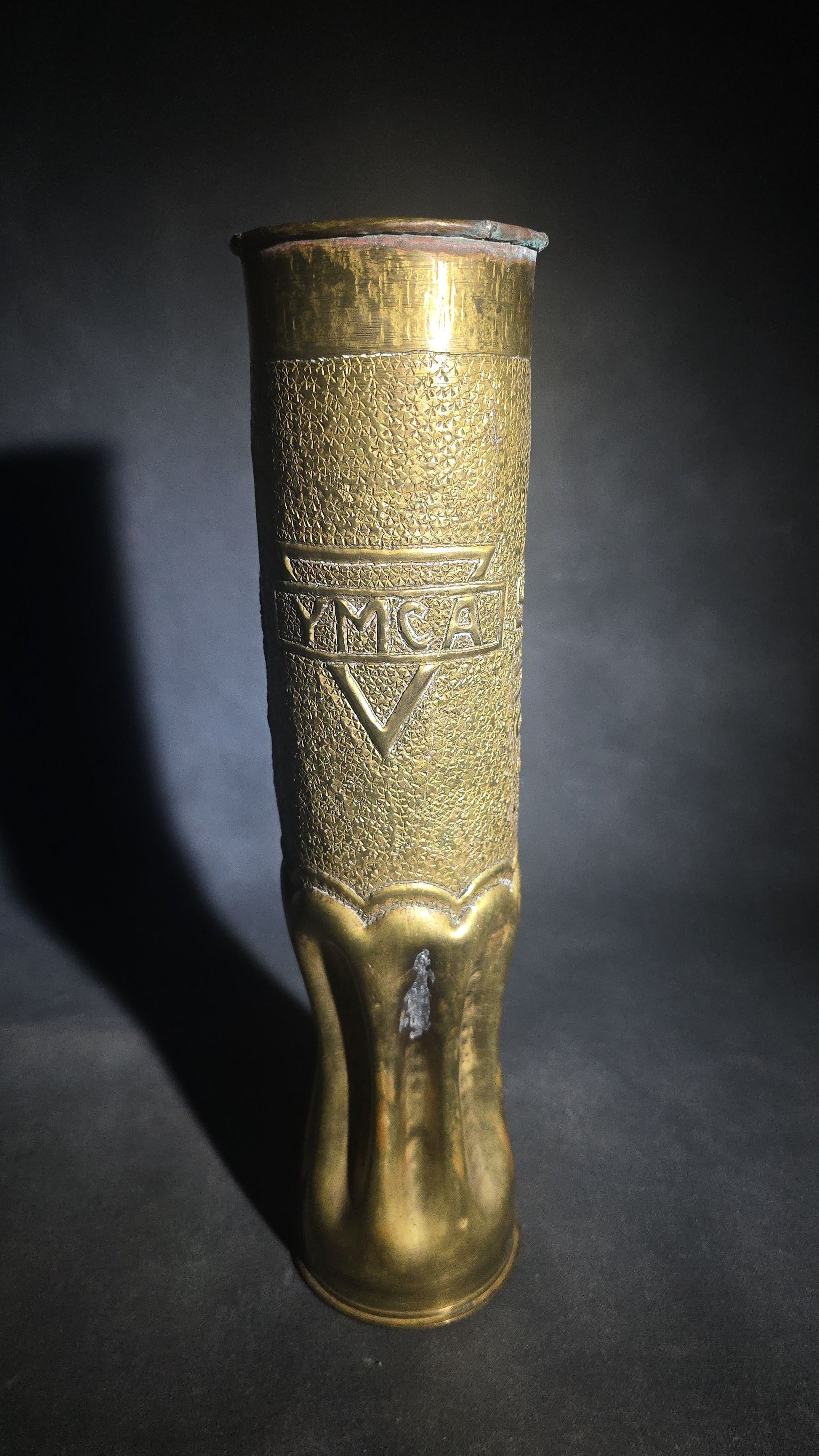 Antique WWI Trench Art Vase, French 75mm Brass Shell Casing Dated 1916, "Souvenir from Argonne Forest" with Y.M.C.A. Triangle Insignia, Roses, and Oak Leaves, Note Cracks