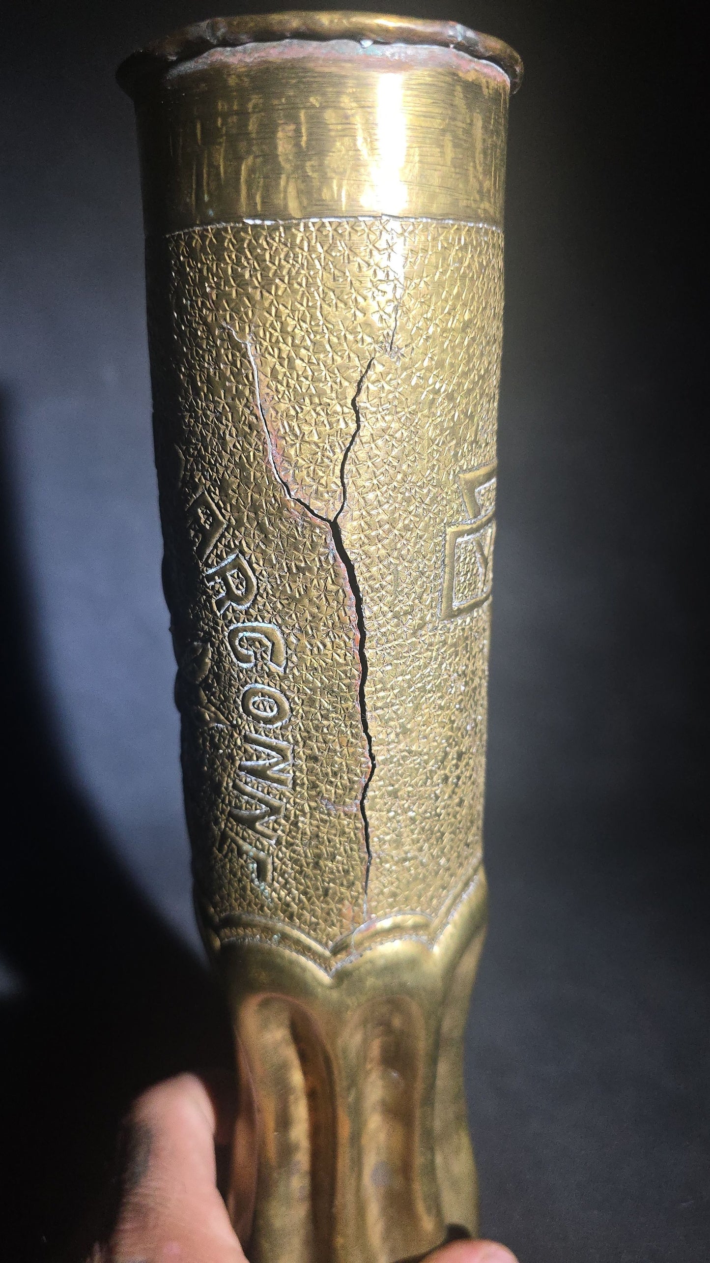 Antique WWI Trench Art Vase, French 75mm Brass Shell Casing Dated 1916, "Souvenir from Argonne Forest" with Y.M.C.A. Triangle Insignia, Roses, and Oak Leaves, Note Cracks