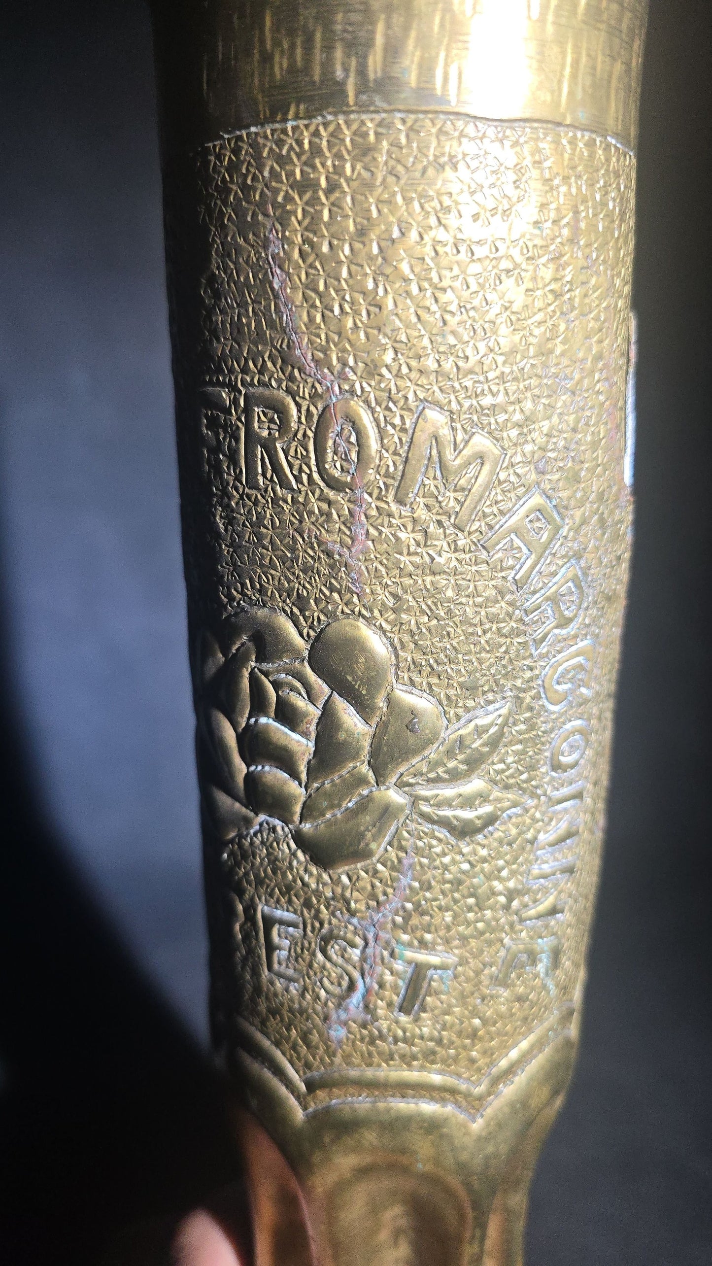 Antique WWI Trench Art Vase, French 75mm Brass Shell Casing Dated 1916, "Souvenir from Argonne Forest" with Y.M.C.A. Triangle Insignia, Roses, and Oak Leaves, Note Cracks