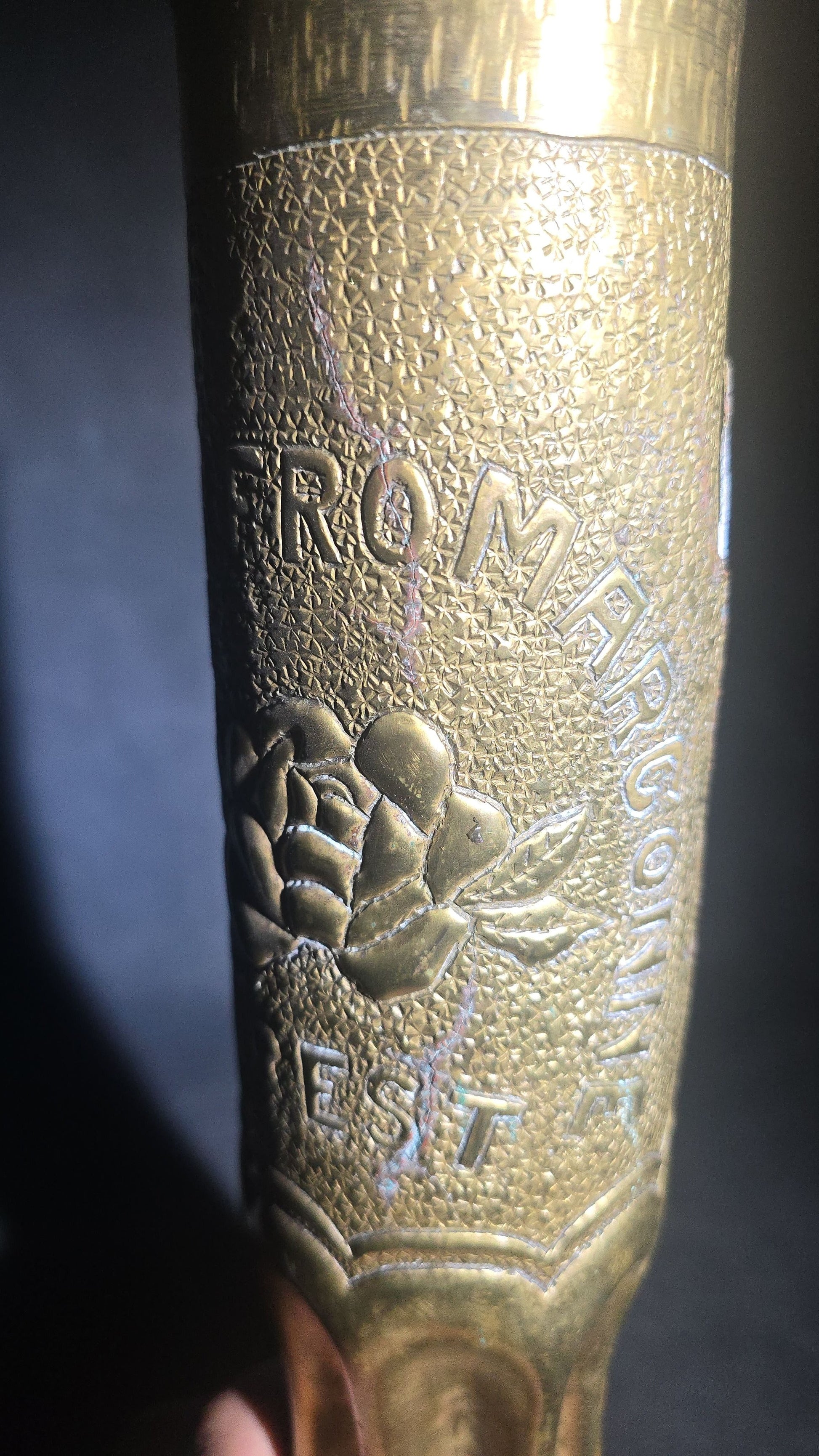 Antique WWI Trench Art Vase, French 75mm Brass Shell Casing Dated 1916, "Souvenir from Argonne Forest" with Y.M.C.A. Triangle Insignia, Roses, and Oak Leaves, Note Cracks