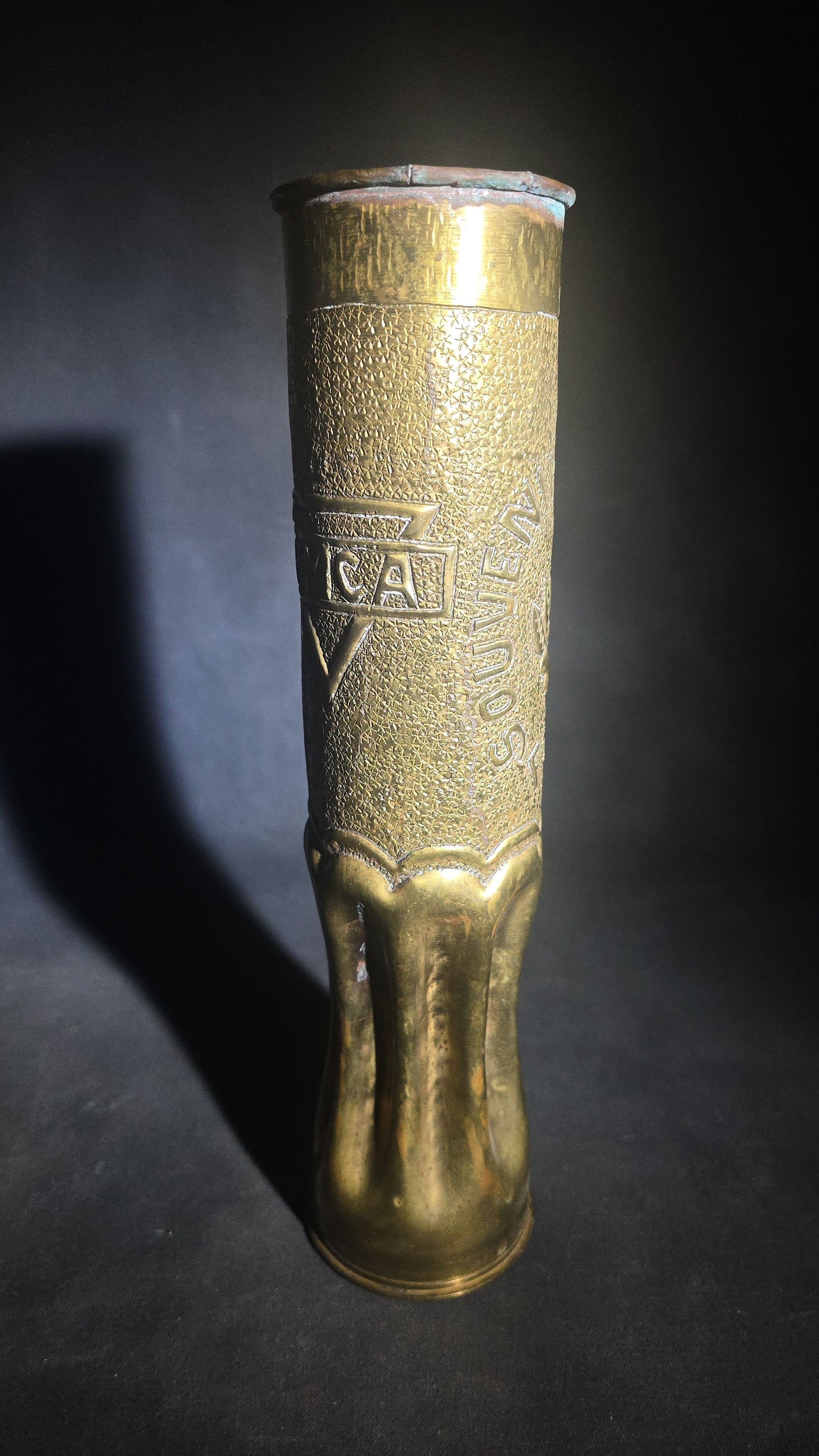 Antique WWI Trench Art Vase, French 75mm Brass Shell Casing Dated 1916, "Souvenir from Argonne Forest" with Y.M.C.A. Triangle Insignia, Roses, and Oak Leaves, Note Cracks