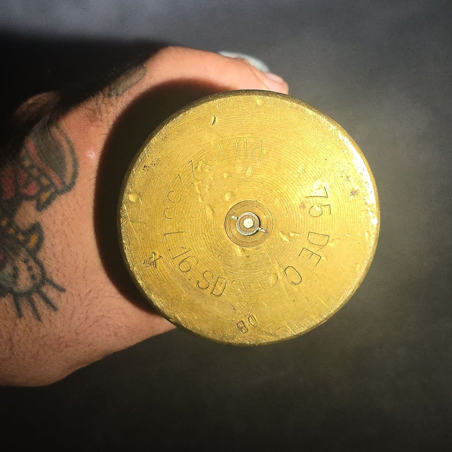 Antique WWI Trench Art Vase, French 75mm Brass Shell Casing Dated 1916, "Souvenir from Argonne Forest" with Y.M.C.A. Triangle Insignia, Roses, and Oak Leaves, Note Cracks