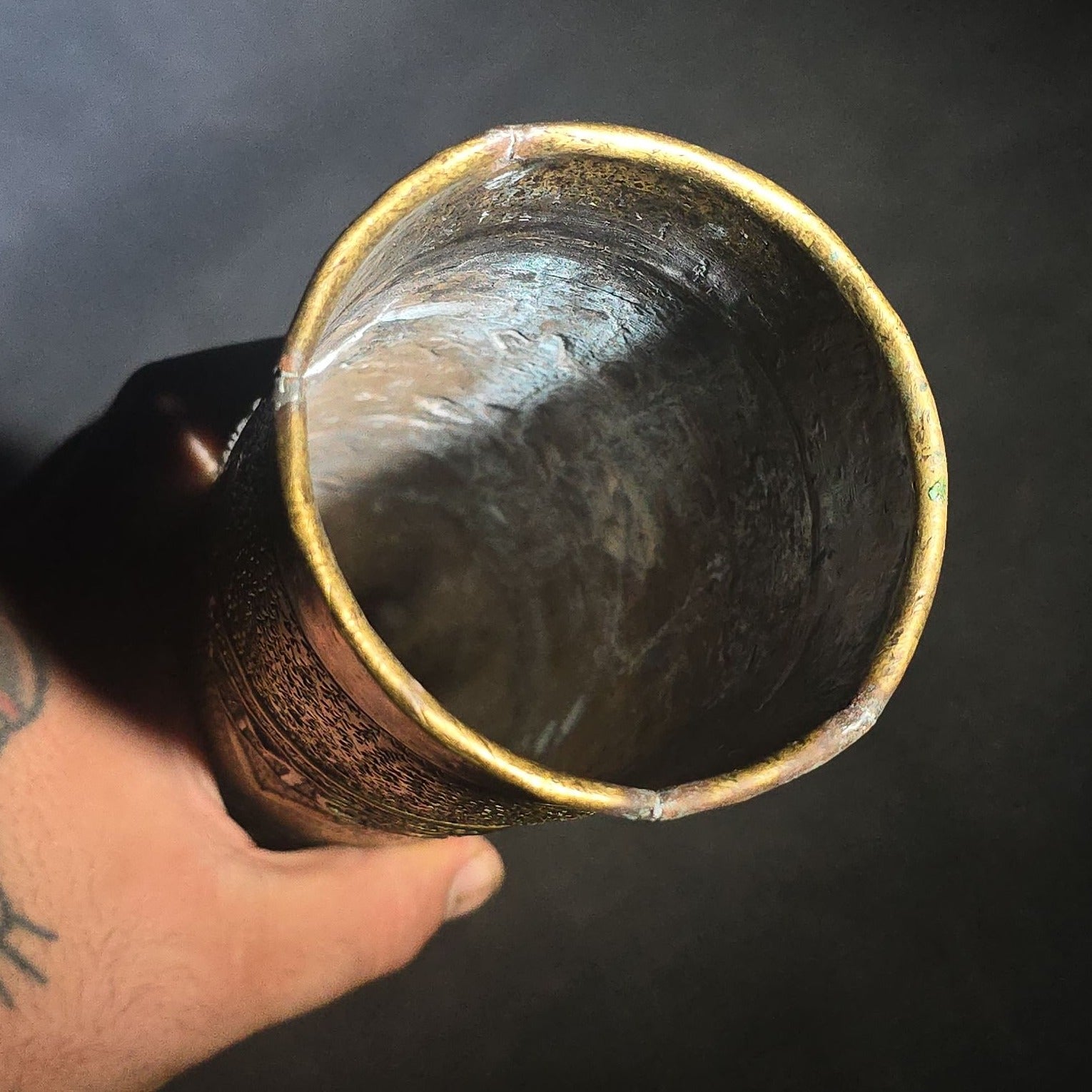 Antique WWI Trench Art Vase, French 75mm Brass Shell Casing Dated 1916, "Souvenir from Argonne Forest" with Y.M.C.A. Triangle Insignia, Roses, and Oak Leaves, Note Cracks