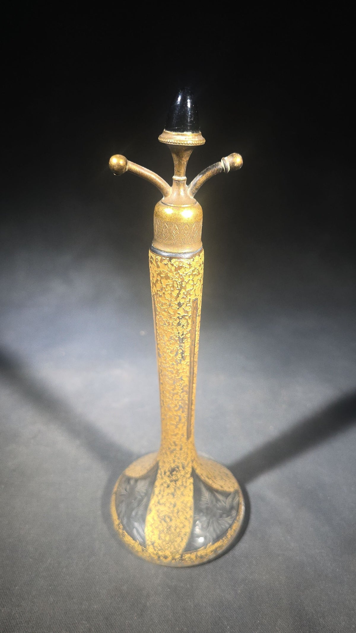 Antique Gold-Encrusted Glass Perfume Atomizer with Etched Floral Base and Engraved Brass Fittings