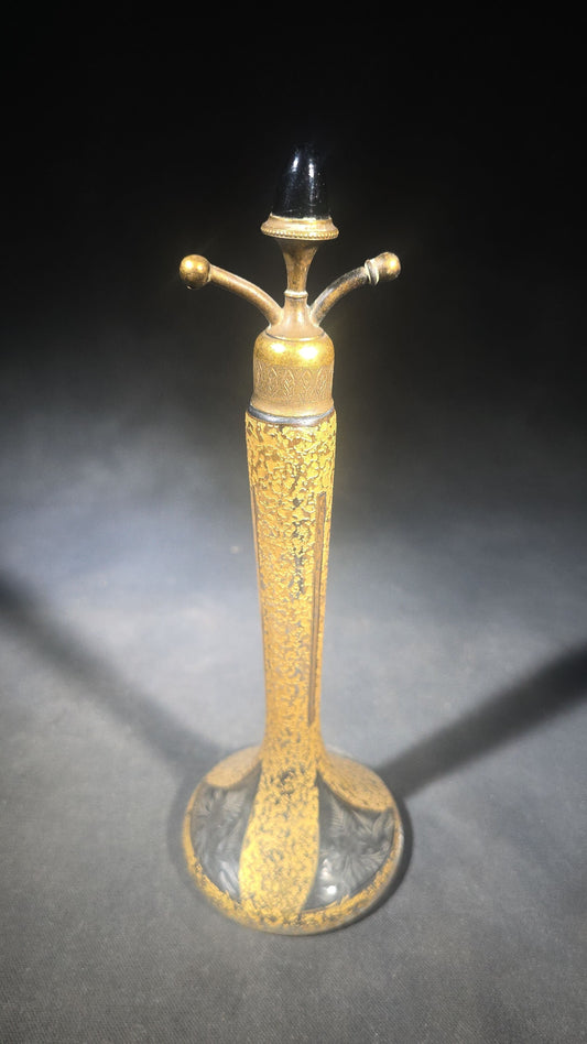 Antique Gold-Encrusted Glass Perfume Atomizer with Etched Floral Base and Engraved Brass Fittings