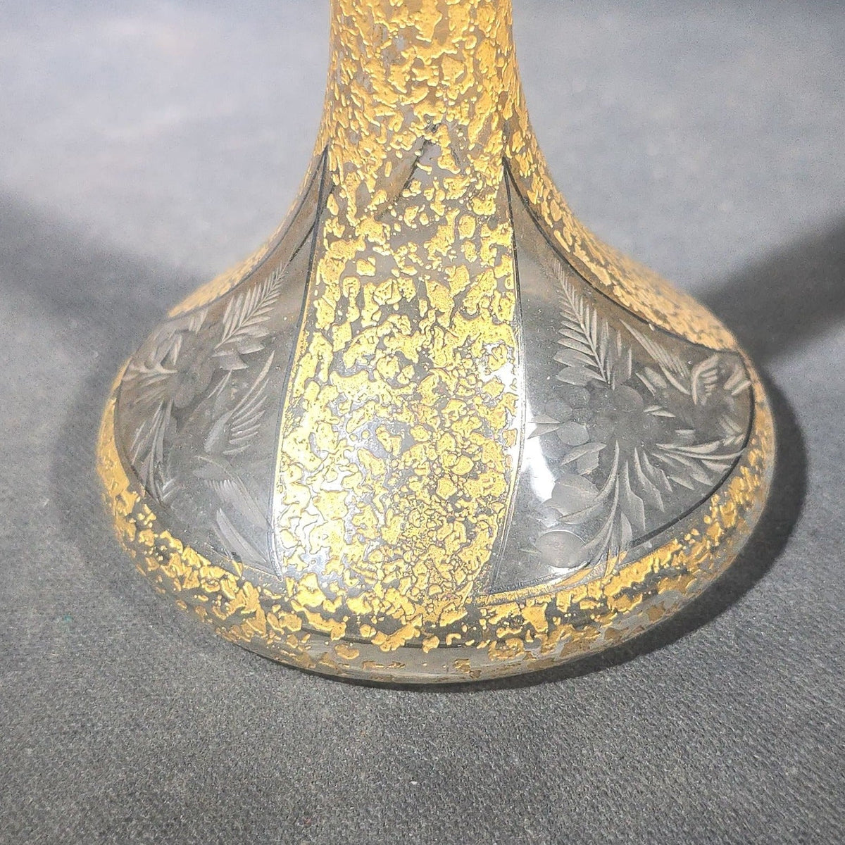 Antique Gold-Encrusted Glass Perfume Atomizer with Etched Floral Base and Engraved Brass Fittings