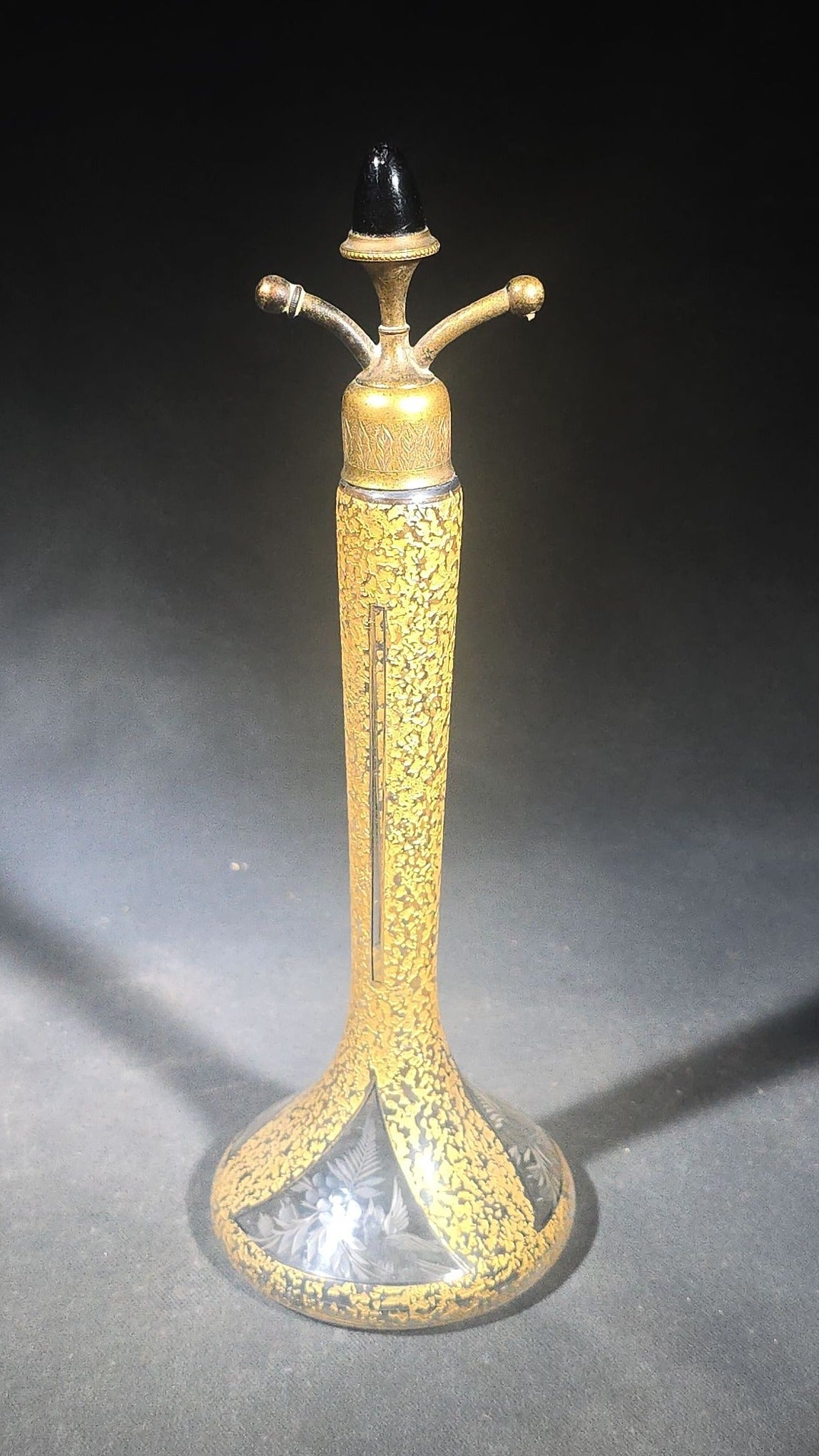Antique Gold-Encrusted Glass Perfume Atomizer with Etched Floral Base and Engraved Brass Fittings