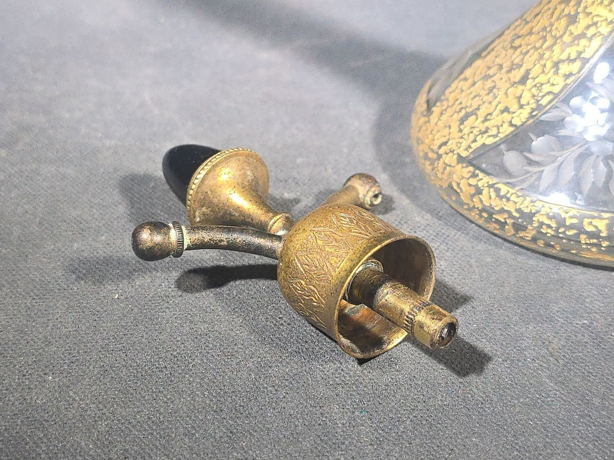 Antique Gold-Encrusted Glass Perfume Atomizer with Etched Floral Base and Engraved Brass Fittings