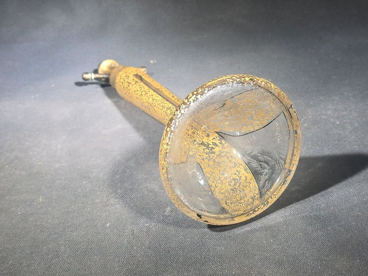 Antique Gold-Encrusted Glass Perfume Atomizer with Etched Floral Base and Engraved Brass Fittings