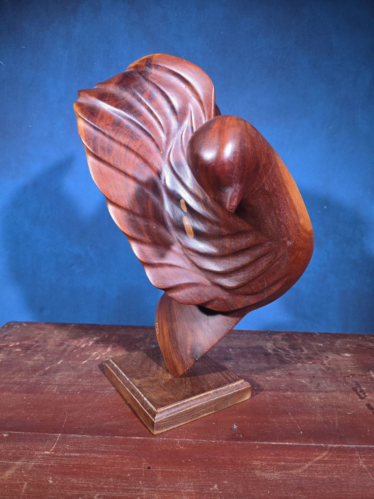 Vintage Carved Wood Stylized Eagle Sculpture on Square Base, Signed with Initials