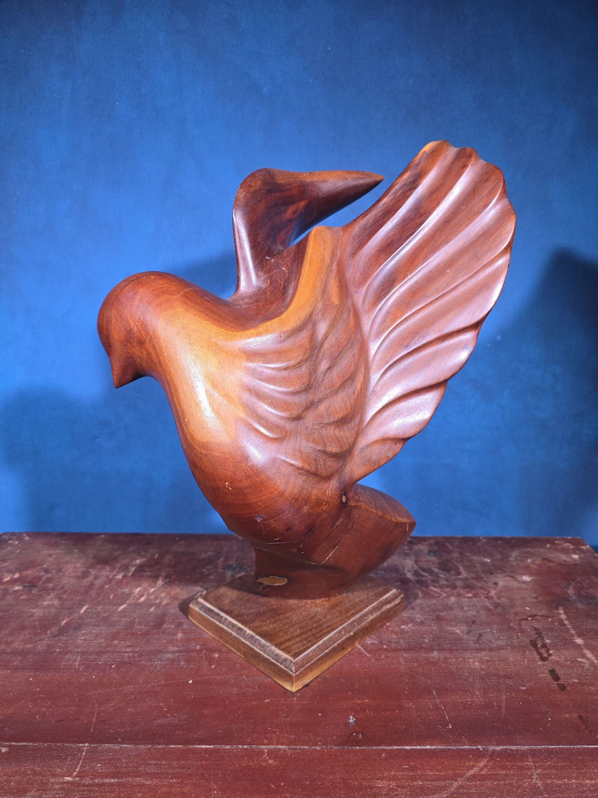 Vintage Carved Wood Stylized Eagle Sculpture on Square Base, Signed with Initials