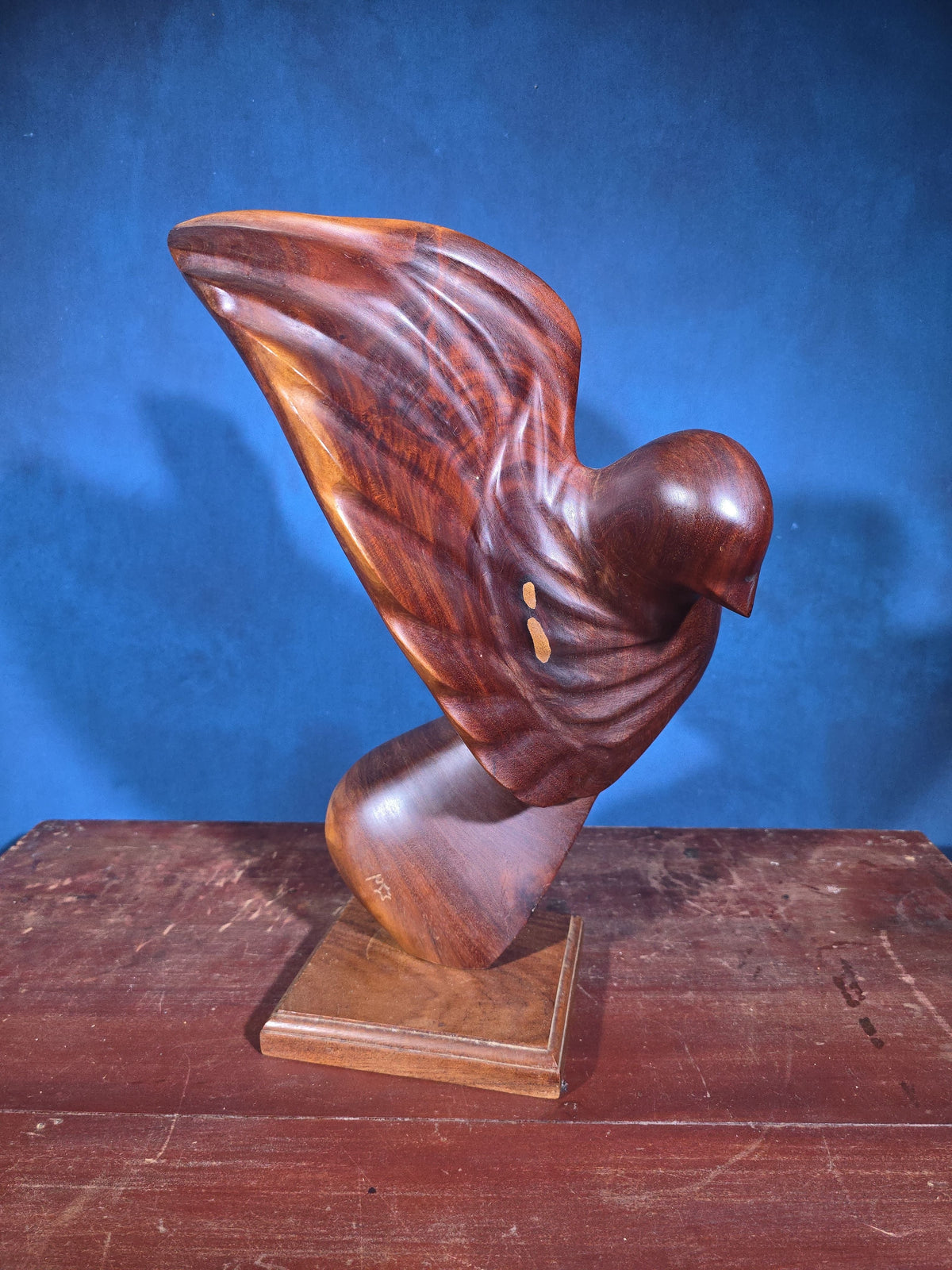 Vintage Carved Wood Stylized Eagle Sculpture on Square Base, Signed with Initials