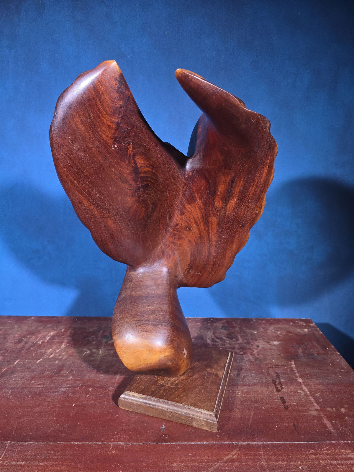 Vintage Carved Wood Stylized Eagle Sculpture on Square Base, Signed with Initials