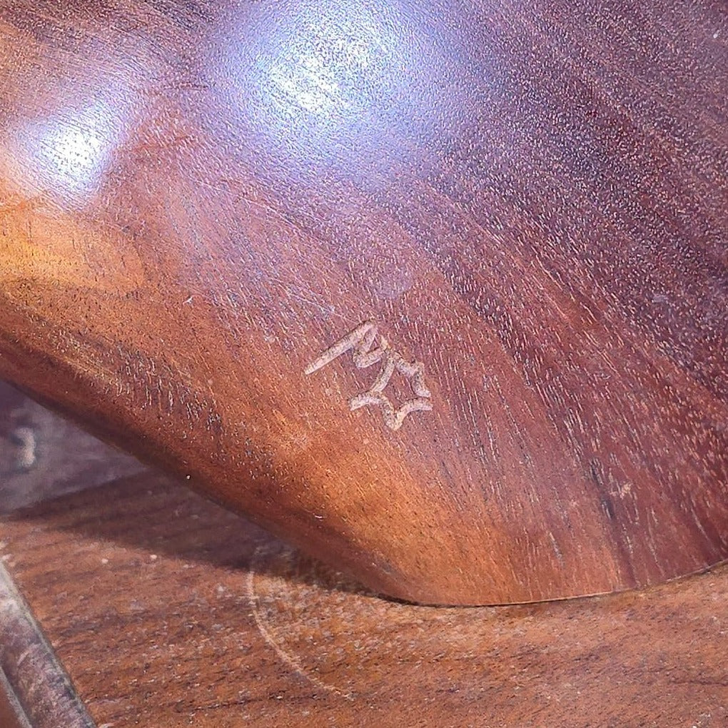 Vintage Carved Wood Stylized Eagle Sculpture on Square Base, Signed with Initials