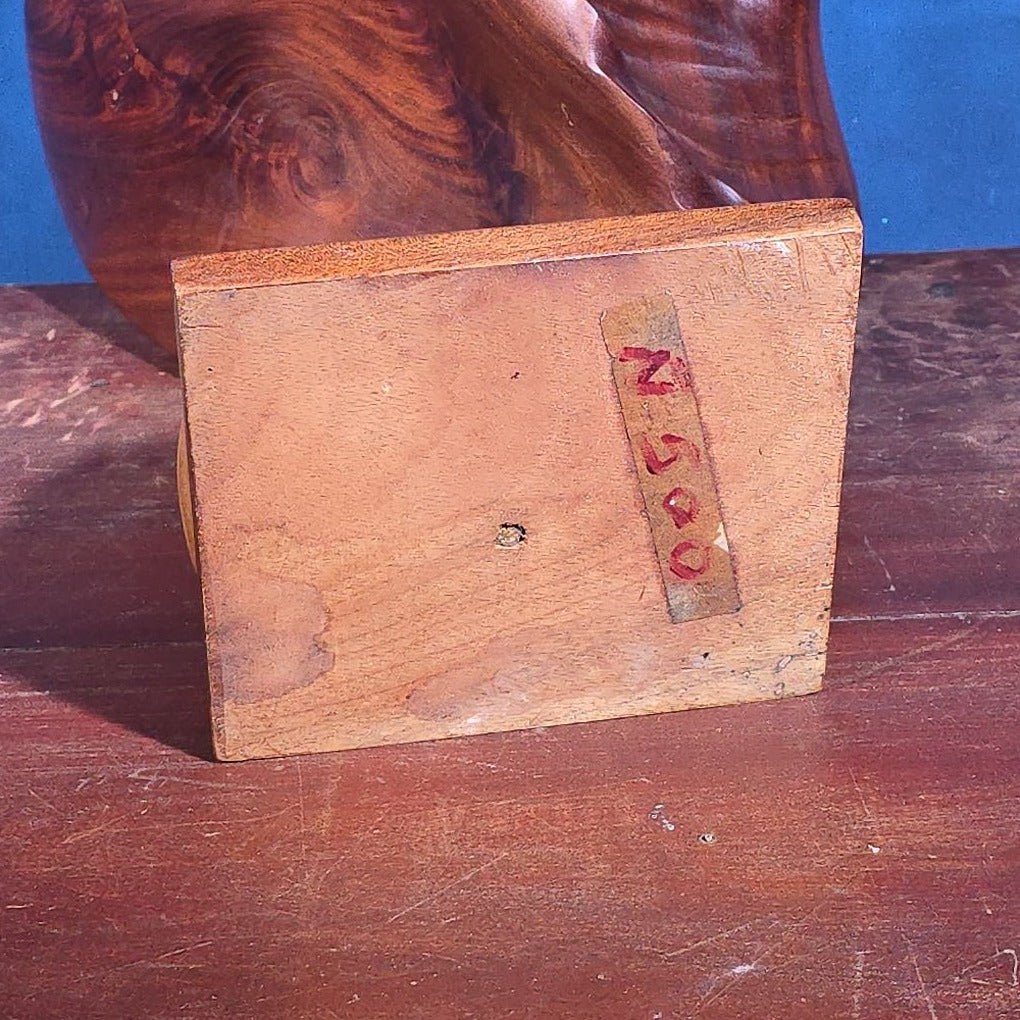 Vintage Carved Wood Stylized Eagle Sculpture on Square Base, Signed with Initials