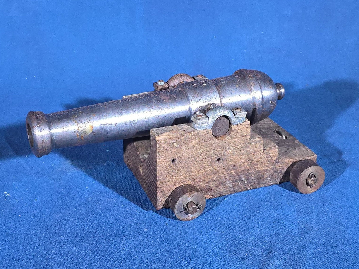 Vintage Cast Iron Signal Cannon Model on Wooden Carriage, Barrel Stamped "J O 1749"