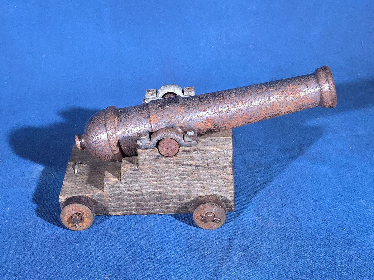 Vintage Cast Iron Signal Cannon Model on Wooden Carriage, Barrel Stamped "J O 1749"