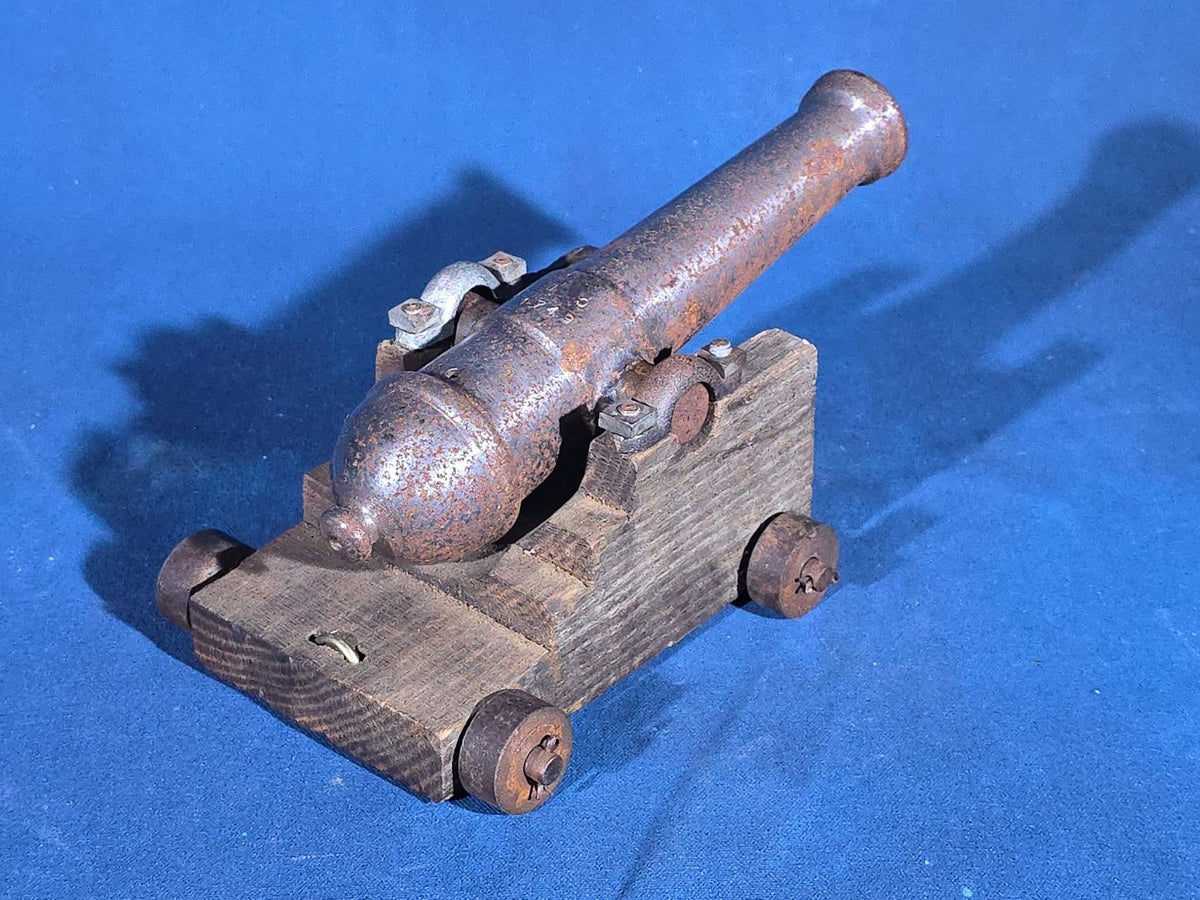 Vintage Cast Iron Signal Cannon Model on Wooden Carriage, Barrel Stamped "J O 1749"