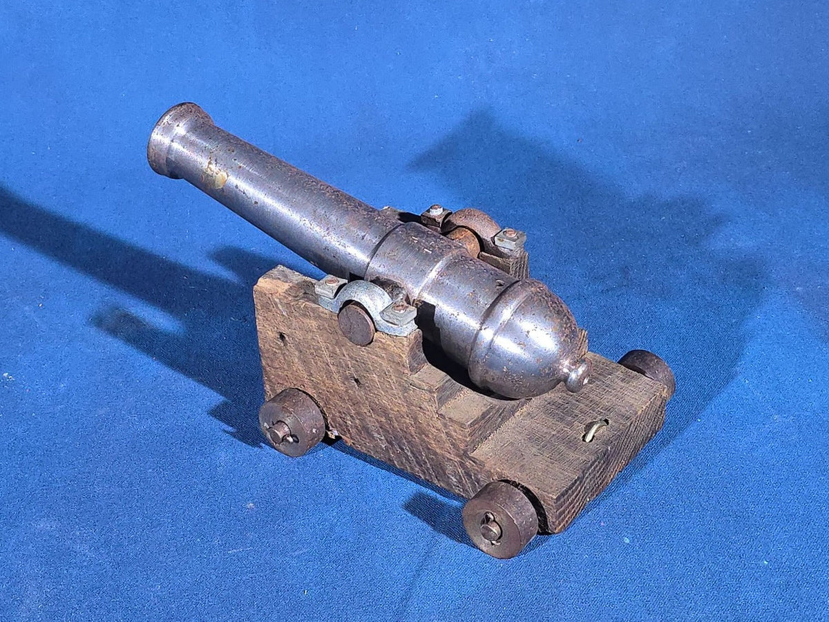 Vintage Cast Iron Signal Cannon Model on Wooden Carriage, Barrel Stamped "J O 1749"