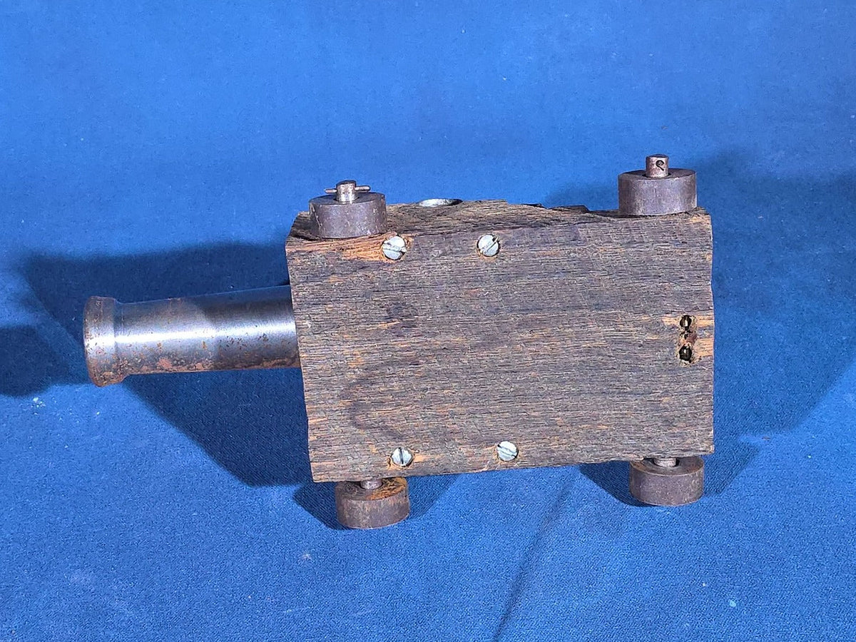 Vintage Cast Iron Signal Cannon Model on Wooden Carriage, Barrel Stamped "J O 1749"