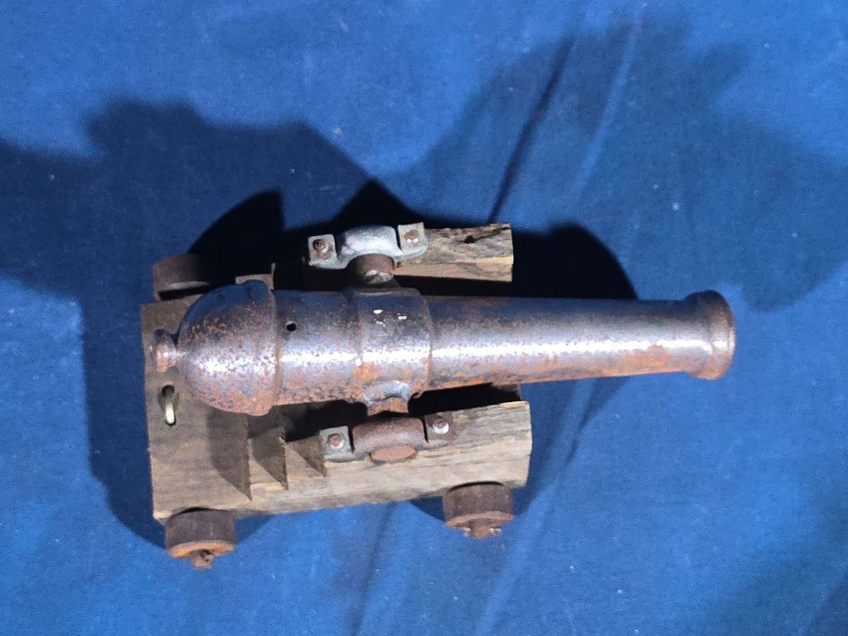 Vintage Cast Iron Signal Cannon Model on Wooden Carriage, Barrel Stamped "J O 1749"