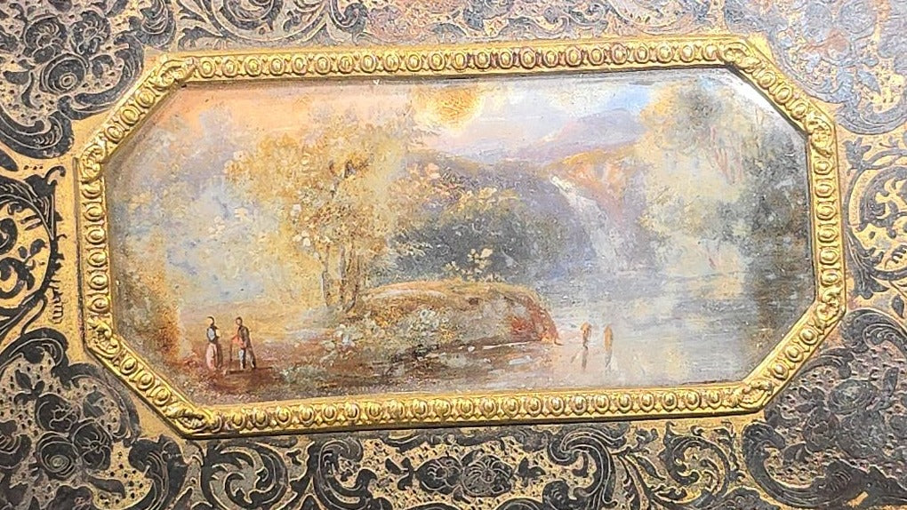 Antique Etched Metal Aide-Memoire Pocket Notebook with Hand-Painted Landscape Scene, Gold Scroll Decoration, and Figural Back Cover with Pencil