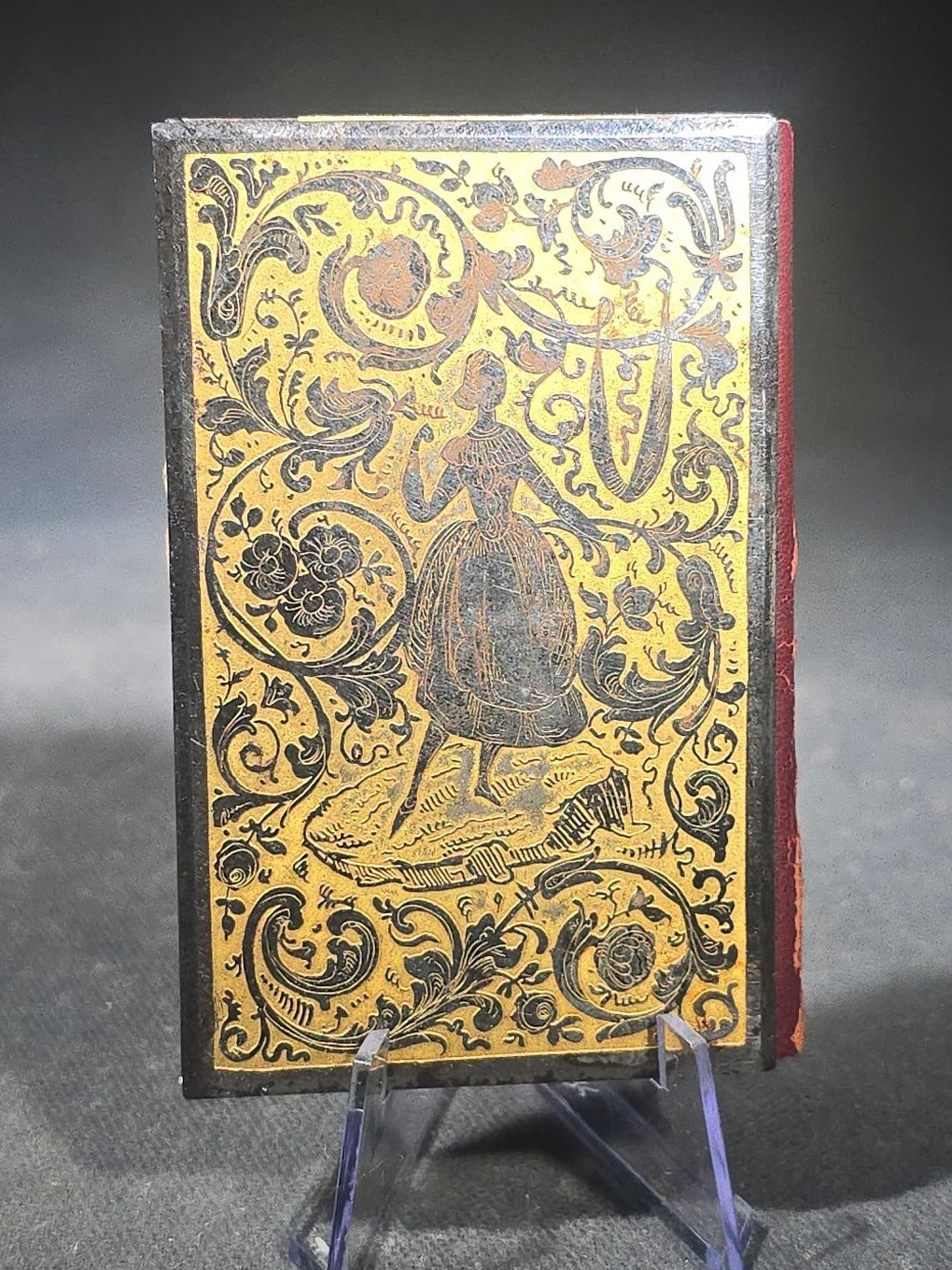 Antique Etched Metal Aide-Memoire Pocket Notebook with Hand-Painted Landscape Scene, Gold Scroll Decoration, and Figural Back Cover with Pencil