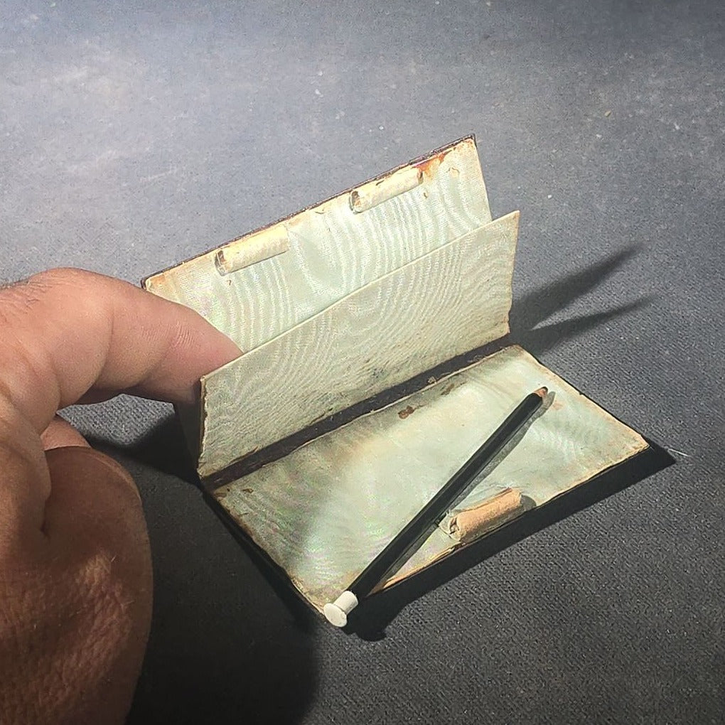 Antique Etched Metal Aide-Memoire Pocket Notebook with Hand-Painted Landscape Scene, Gold Scroll Decoration, and Figural Back Cover with Pencil
