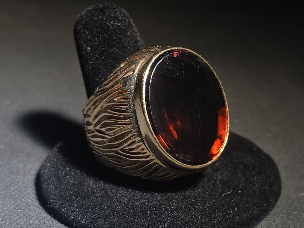 10K Gold Ring with Large Oval Buff-Top Amber-Colored Stone and Textured Band