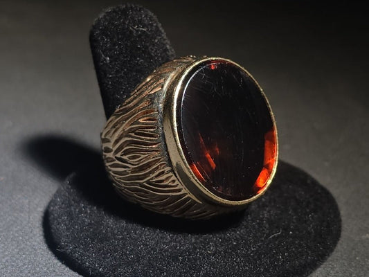 10K Gold Ring with Large Oval Buff-Top Amber-Colored Stone and Textured Band