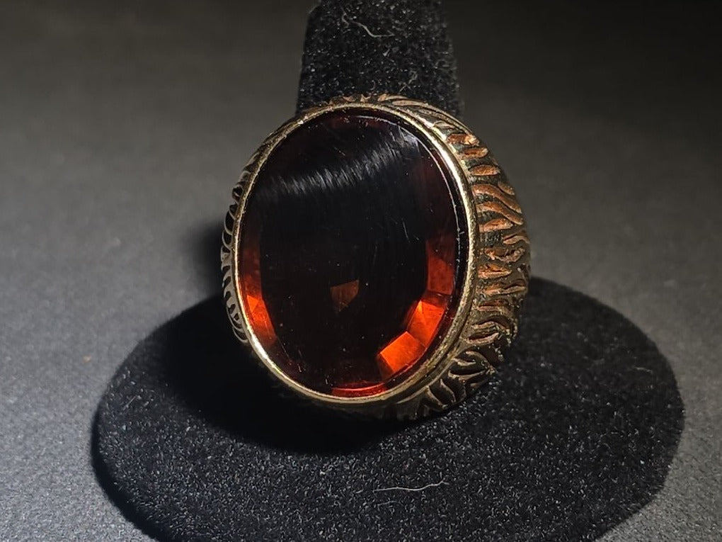 10K Gold Ring with Large Oval Buff-Top Amber-Colored Stone and Textured Band