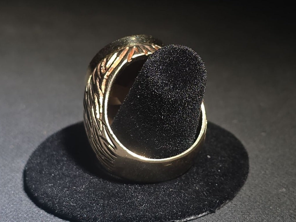 10K Gold Ring with Large Oval Buff-Top Amber-Colored Stone and Textured Band