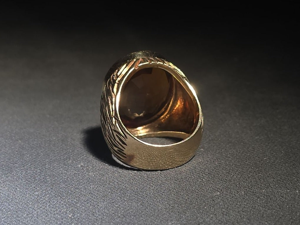 10K Gold Ring with Large Oval Buff-Top Amber-Colored Stone and Textured Band
