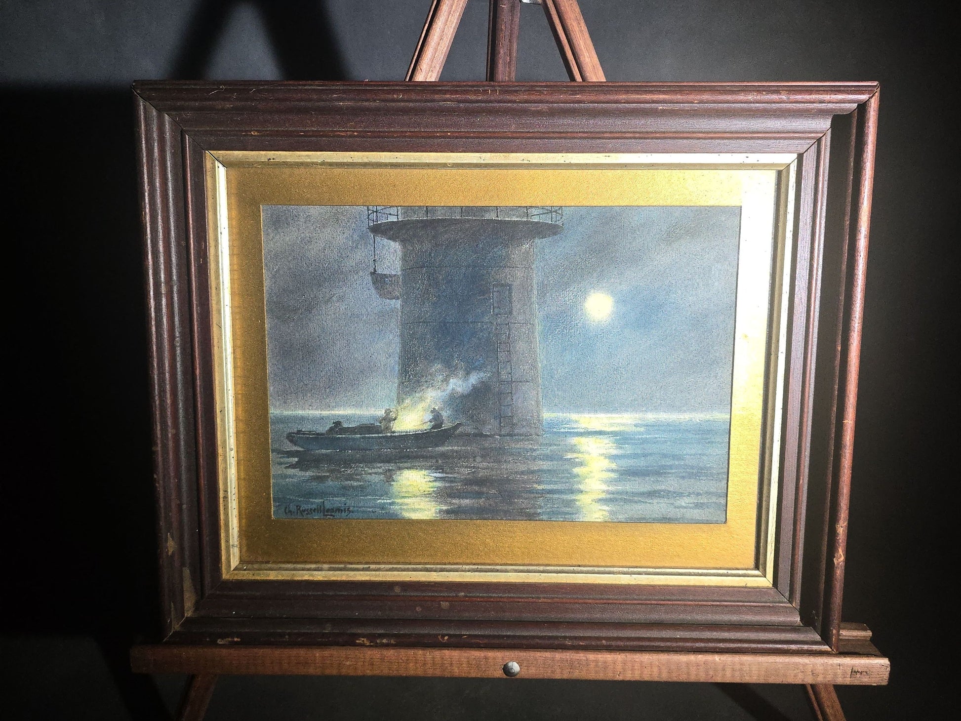 Antique Framed Watercolor Painting on Paper, Moonlit Maritime Scene with Figures in a Boat at the Base of a Tower, Signed Charles Russell Loomis (1857-1936)
