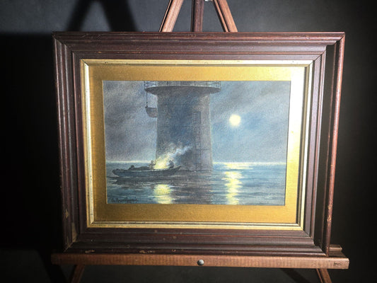 Antique Framed Watercolor Painting on Paper, Moonlit Maritime Scene with Figures in a Boat at the Base of a Tower, Signed Charles Russell Loomis (1857-1936)
