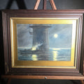 Lot 033 - Antique Framed Watercolor Painting on Paper, Moonlit Maritime Scene with Figures in a Boat at the Base of a Tower, Signed Charles Russell Loomis (1857-1936), 16-1/2" W x 13-1/4" H