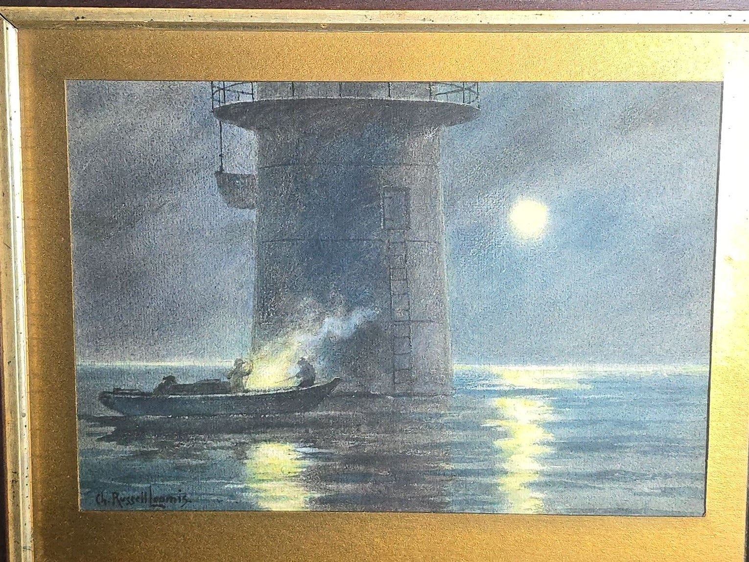Antique Framed Watercolor Painting on Paper, Moonlit Maritime Scene with Figures in a Boat at the Base of a Tower, Signed Charles Russell Loomis (1857-1936)