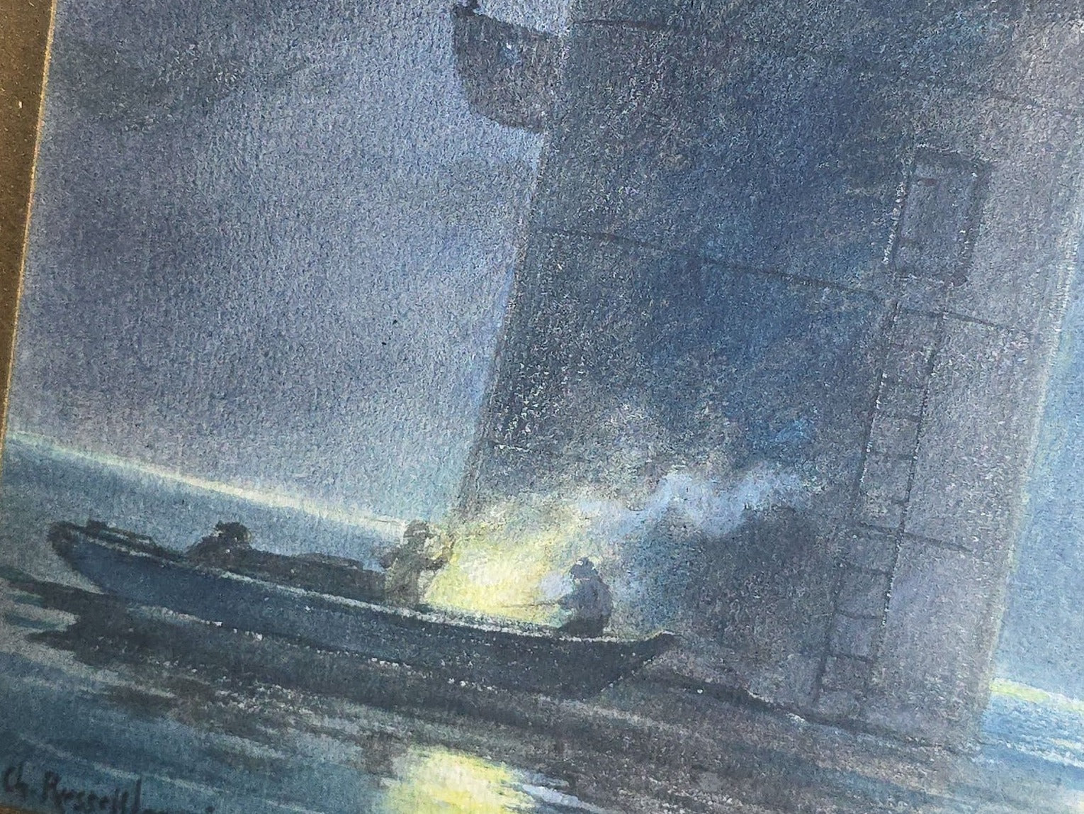 Antique Framed Watercolor Painting on Paper, Moonlit Maritime Scene with Figures in a Boat at the Base of a Tower, Signed Charles Russell Loomis (1857-1936)