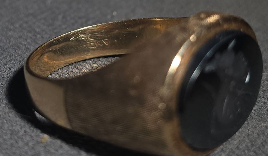 10K Gold Ring with Oval Intaglio-Carved Dark Stone Depicting a Roman Warrior in Plumed Helmet and Crosshatch Textured Band
