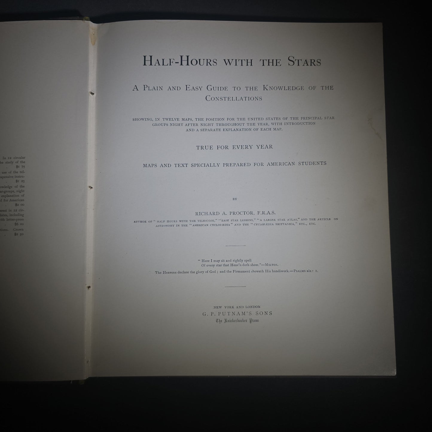 "Half-Hours with the Stars" Antique Astronomy and Constellation Guide with 12 Star Maps by Richard A. Proctor, Published by G. P. Putnam's Sons, New York, 1887