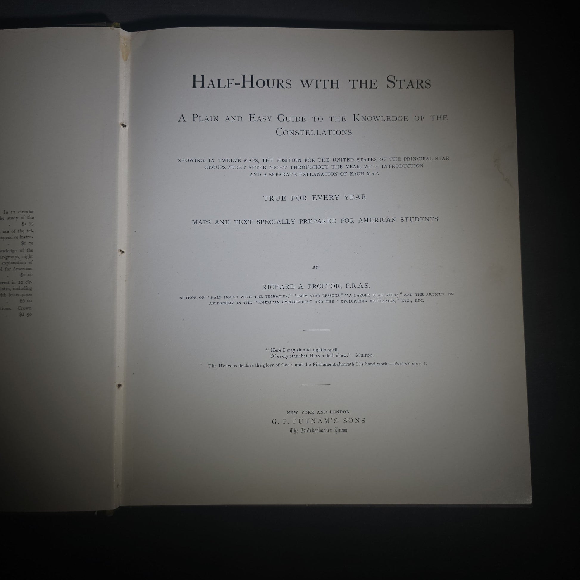 "Half-Hours with the Stars" Antique Astronomy and Constellation Guide with 12 Star Maps by Richard A. Proctor, Published by G. P. Putnam's Sons, New York, 1887