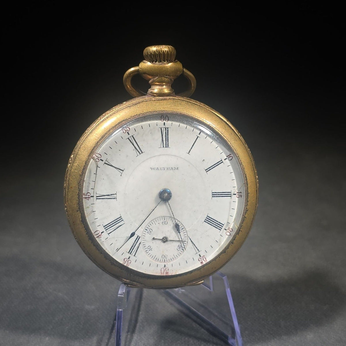 Antique Waltham Open-Face Pocket Watch with Gold-Tone Engraved Case, Roman Numeral Dial, and Subsidiary Seconds Register, Note Cracked Crystal