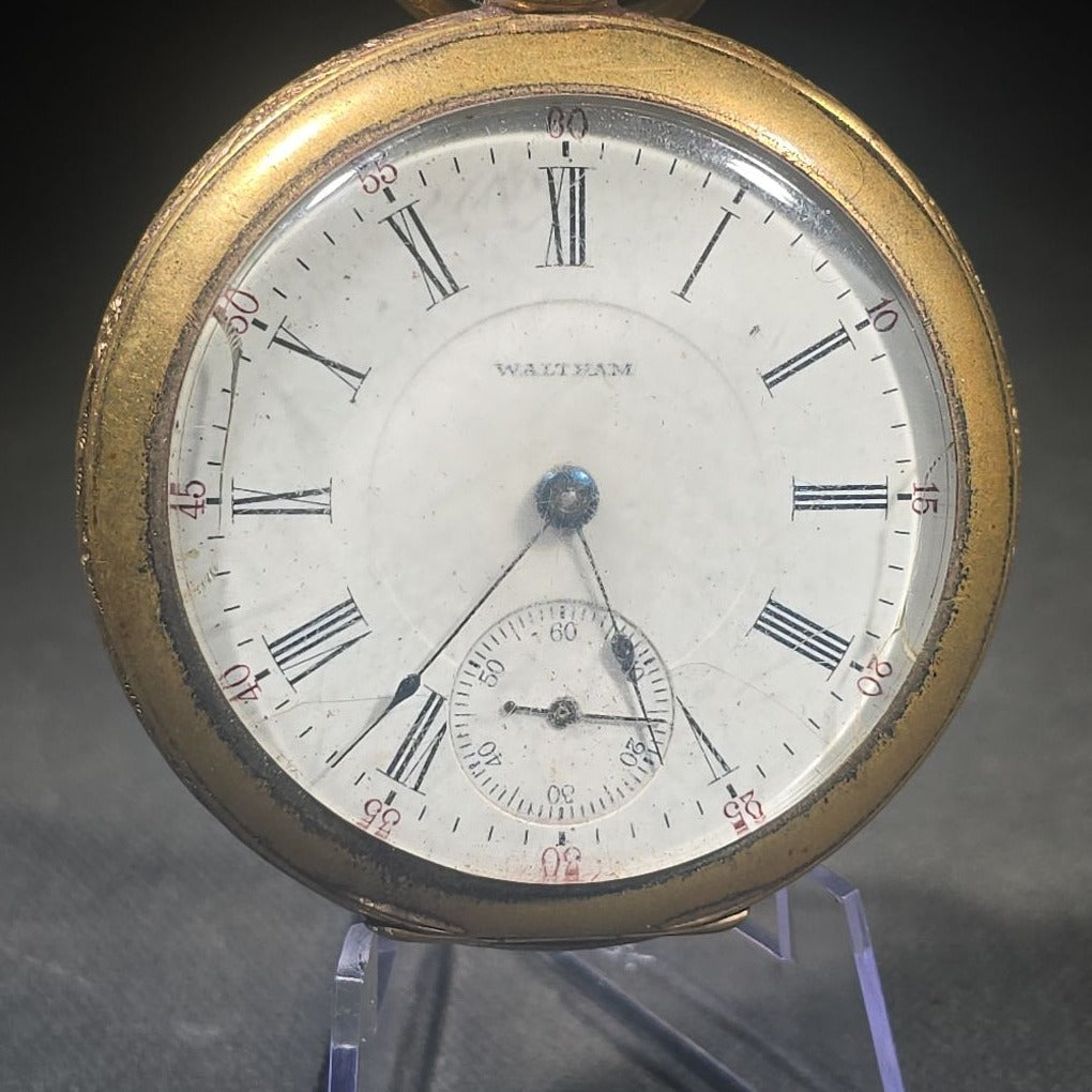 Antique Waltham Open-Face Pocket Watch with Gold-Tone Engraved Case, Roman Numeral Dial, and Subsidiary Seconds Register, Note Cracked Crystal