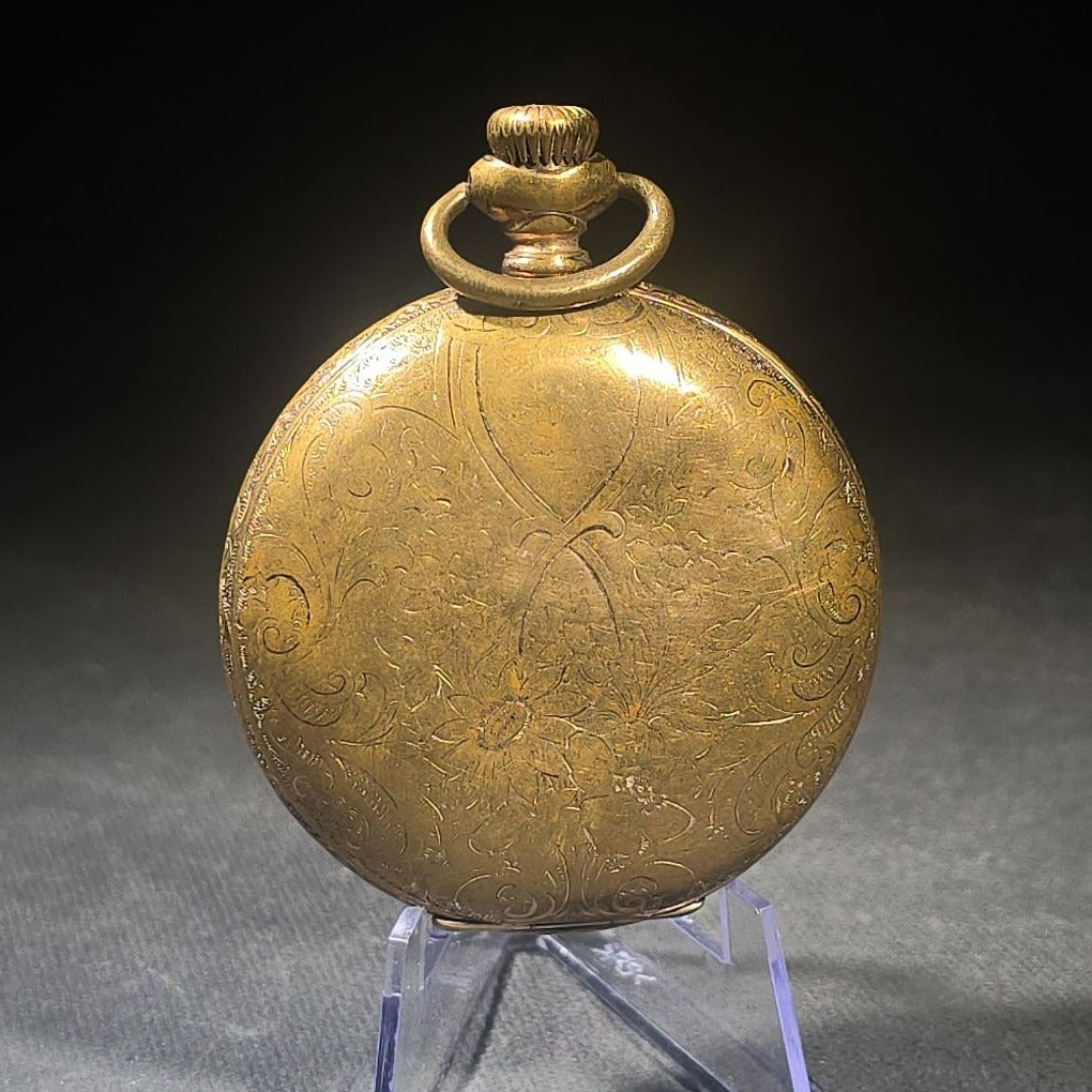 Antique Waltham Open-Face Pocket Watch with Gold-Tone Engraved Case, Roman Numeral Dial, and Subsidiary Seconds Register, Note Cracked Crystal