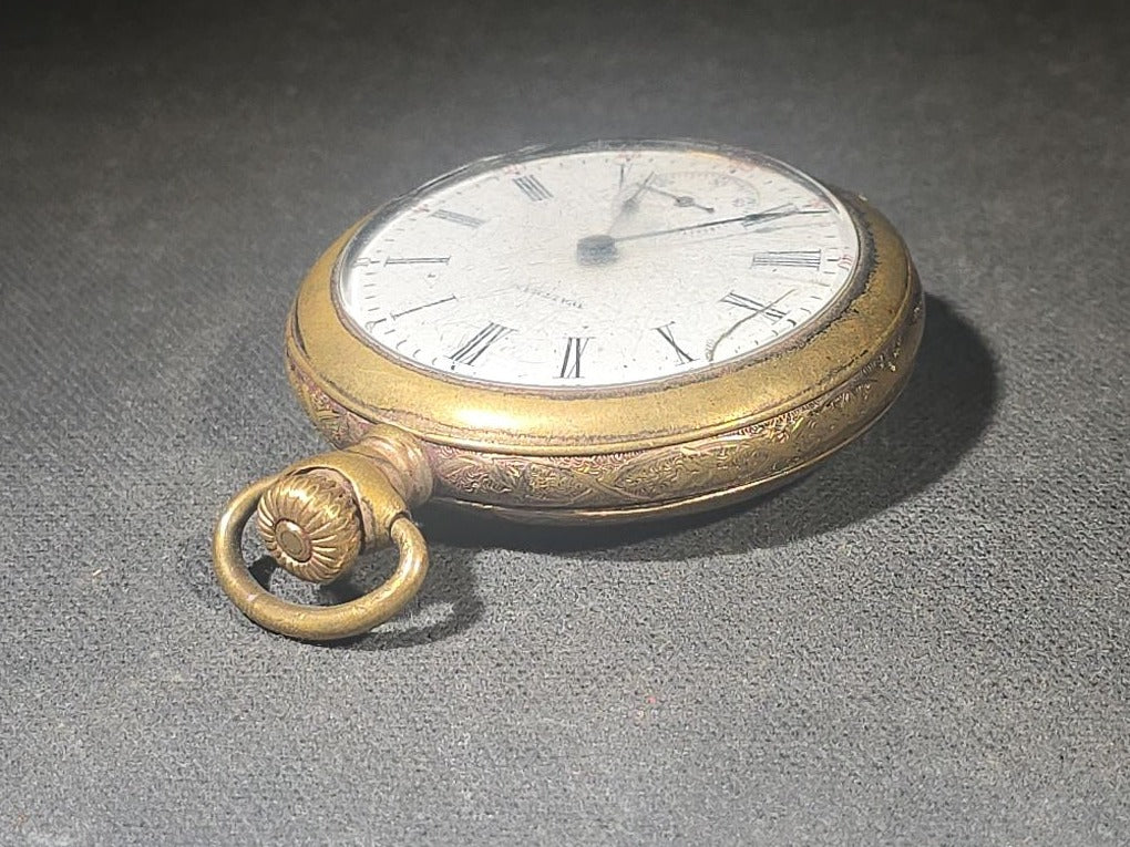 Antique Waltham Open-Face Pocket Watch with Gold-Tone Engraved Case, Roman Numeral Dial, and Subsidiary Seconds Register, Note Cracked Crystal