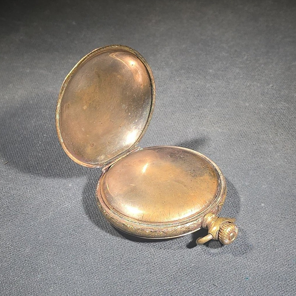 Antique Waltham Open-Face Pocket Watch with Gold-Tone Engraved Case, Roman Numeral Dial, and Subsidiary Seconds Register, Note Cracked Crystal