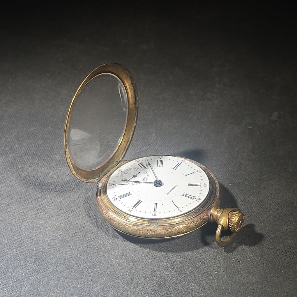 Antique Waltham Open-Face Pocket Watch with Gold-Tone Engraved Case, Roman Numeral Dial, and Subsidiary Seconds Register, Note Cracked Crystal