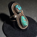 Lot 033 - Vintage Old Pawn Native American Sterling Silver and Turquoise Two-Stone Ring with Sawtooth Bezels and Rope Wire Accents, Size 6.25, Total Weight 9.53 g