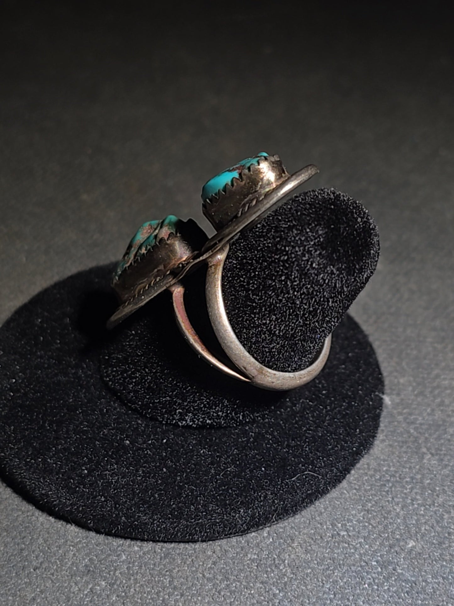 Vintage Old Pawn Native American Sterling Silver and Turquoise Two-Stone Ring with Sawtooth Bezels and Rope Wire Accents